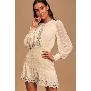 Lulus Lust Or Love Cream Embroidered Lace Long Sleeve Dress White - Size M
